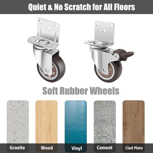عجلات تثبيت جانبية مقاس 2 بوصة، عجلات مطاطية دوارة صغيرة على شكل حرف L، مجموعة من 4 قطع، مع مكابح، سعة 550 رطلًا، هادئة بدون خدش للأثاث وسرير الأطفال وطاولة خزانة المطبخ ومشاريع DIY in Kuwait