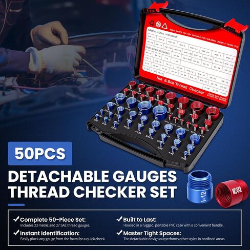 مجموعة فحص الخيوط 50 قطعة، SAE ومقياس صواميل ومسمار متري مع حقيبة، 27 مقياس إمبراطوري و23 متري لحجم المسمار للمناطق الضيقة والصعبة in Kuwait
