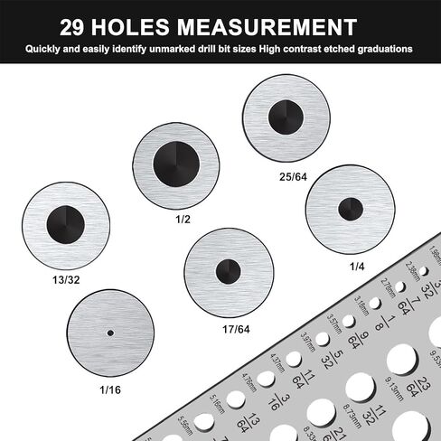 مقاييس NORTOOLS المصنوعة من الفولاذ المقاوم للصدأ لمقاييس حجم لقمة الحفر الجزئية - 29 فتحة (1/16 بوصة إلى 1/2 بوصة × 1/64 بوصة) مع مؤشر قطر السلك، وعلامات محفورة بدقة للميكانيكيين وعمال الخشب (فضي) in Kuwait
