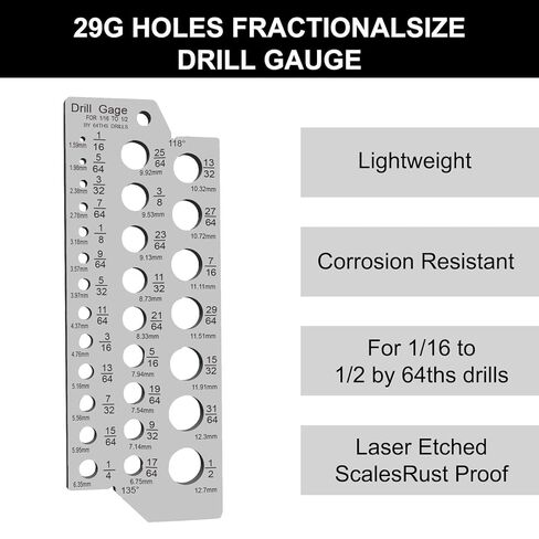 مقاييس NORTOOLS المصنوعة من الفولاذ المقاوم للصدأ لمقاييس حجم لقمة الحفر الجزئية - 29 فتحة (1/16 بوصة إلى 1/2 بوصة × 1/64 بوصة) مع مؤشر قطر السلك، وعلامات محفورة بدقة للميكانيكيين وعمال الخشب (فضي) in Kuwait