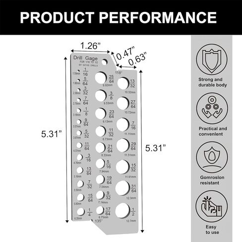 مقاييس NORTOOLS المصنوعة من الفولاذ المقاوم للصدأ لمقاييس حجم لقمة الحفر الجزئية - 29 فتحة (1/16 بوصة إلى 1/2 بوصة × 1/64 بوصة) مع مؤشر قطر السلك، وعلامات محفورة بدقة للميكانيكيين وعمال الخشب (فضي) in Kuwait