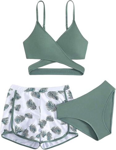 3 Piece Bathing Suit for Girls Solid Bikini Set with Printed Sports Shorts Tween Swimsuit Kids Swimwear in Saudi Arabia
