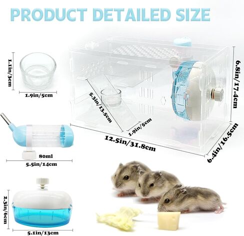 kathson Dwarf Hamster Cage Transparent Hamsters Cages and Habitats Gerbils Acrylic Cage Cute Mini Pet Habitat with Accessories Exercise Wheel Water Bottle Food Bowl for Small Animal Blue in Kuwait