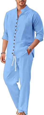 Mens Casual Outfits 2 Piece Set Cotton Linen Tracksuit Long Sleeve Button Down Shirt and Pants Matching Sets 2026 in Saudi Arabia