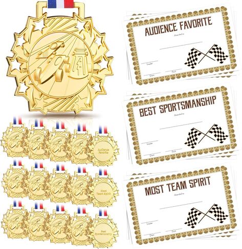 Cunno 15 Pcs Derby Medals with Award Certificate Race Car Trophy Gold Metal Award Medal with Neck Ribbon Prizes Winner Champion Trophies Prize Event Tournament Gifts in Saudi Arabia