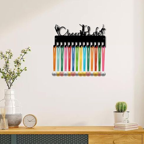 CREATCABIN Cheer Life ميدالية حامل ميدالية شماعات عرض رف رياضي معدني معلق جوائز حديد صغير ديكور مع 14 خطافًا للجدار المنزل شارة كرة القدم السباحة أسود 11.4 × 5.1 بوصة in Saudi Arabia