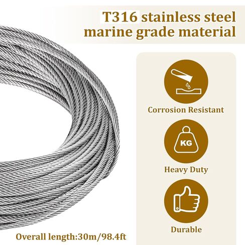1/8" Stainless Steel Cable 100ft Wire Rope Metal Cable with Loop Sleeve and Steel Thimble 7x7 Strand Core Metal Wire for Deck Railing Stair Handrail Balusters Clothesline in Saudi Arabia