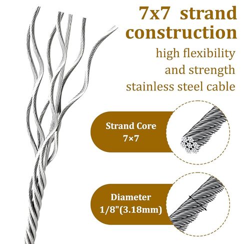 1/8" Stainless Steel Cable 100ft Wire Rope Metal Cable with Loop Sleeve and Steel Thimble 7x7 Strand Core Metal Wire for Deck Railing Stair Handrail Balusters Clothesline in Saudi Arabia