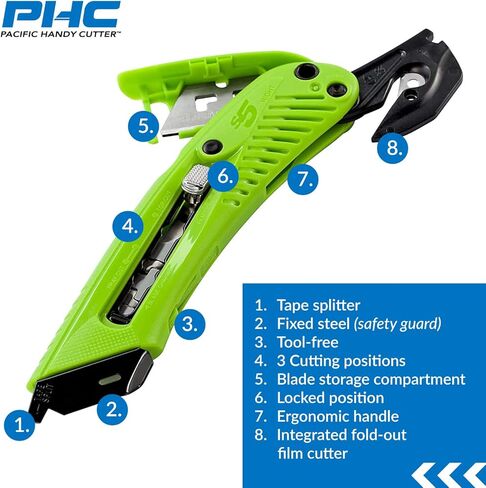 Pacific Handy Cutter S5R Box Cutter | Heavy Duty Utility Knife, Tape Splitter, & Film Cutter | 3-Position Retractable Box Cutter with Easy Blade Change | For Right Handed Users in Kuwait