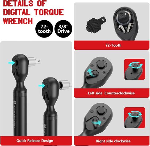 مفتاح عزم الدوران الرقمي SUERCUP 3/8 بوصة (1.5-99.6Ft.Lb/2-135Nm) ±1% دقة مفتاح عزم الدوران الرقمي مع الاهتزاز، الجرس، إخطار LED وخمس وحدات قياس، للدراجات النارية، إصلاح السيارات in Kuwait