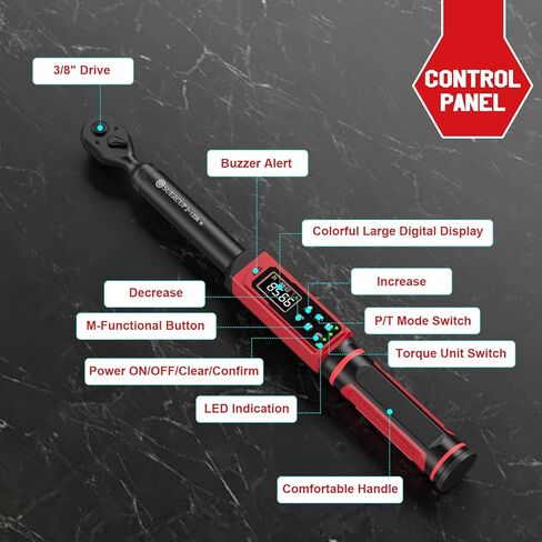 مفتاح عزم الدوران الرقمي SUERCUP 3/8 بوصة (1.5-99.6Ft.Lb/2-135Nm) ±1% دقة مفتاح عزم الدوران الرقمي مع الاهتزاز، الجرس، إخطار LED وخمس وحدات قياس، للدراجات النارية، إصلاح السيارات in Kuwait
