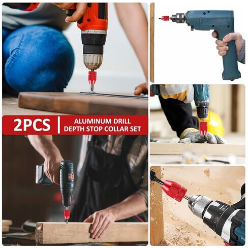 2 Pcs Drill Depth Stop Collar Set, Adjustable Aluminum Drill Bit Stopper with Protective Nylon Inner Ring, Fits 5/64"-7/16" Bits, Precision Depth Controller for Woodworking & Plastics in Kuwait