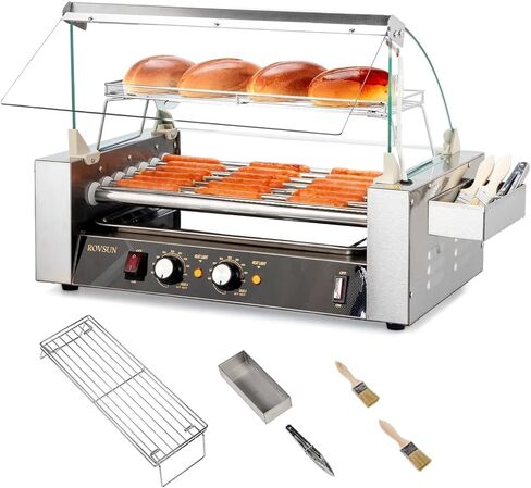 ROVSUN Hot Dog Roller, 18 Hot Dog 7 Rollers ETL Certified, Hot Dog Machine Sausage Grill Cooker with Dual Temp Control, Glass Cover, LED, Side Storage Box, Shelf & Drip Tray for Home Commercial 1050W in Kuwait