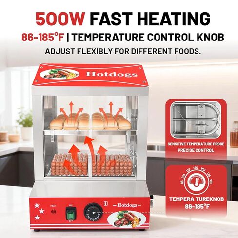 29 QT Hot Dog Steamer with Bun Warmer - Electric Steaming Machine 2-Tier Capacity for 175 Hot Dogs & 40 Buns, Visible Glass Slide Doors for Commercial Home Use in Saudi Arabia