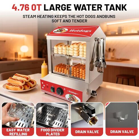 29 QT Hot Dog Steamer with Bun Warmer - Electric Steaming Machine 2-Tier Capacity for 175 Hot Dogs & 40 Buns, Visible Glass Slide Doors for Commercial Home Use in Saudi Arabia