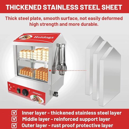 29 QT Hot Dog Steamer with Bun Warmer - Electric Steaming Machine 2-Tier Capacity for 175 Hot Dogs & 40 Buns, Visible Glass Slide Doors for Commercial Home Use in Saudi Arabia