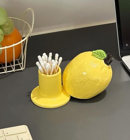 123Arts الليمون السيراميك علبة أعواد الأسنان حامل أعواد الأسنان المنظم القطن مسحة تخزين جرة مع غطاء in Kuwait