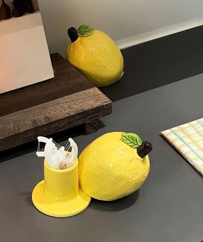 123Arts الليمون السيراميك علبة أعواد الأسنان حامل أعواد الأسنان المنظم القطن مسحة تخزين جرة مع غطاء in Kuwait