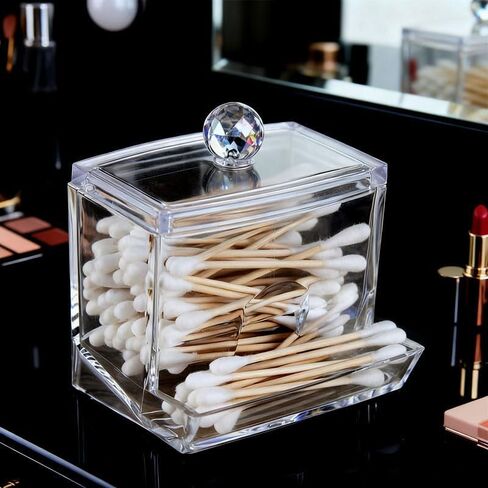 Qtip Holder Dispenser Big Clear Bathroom Organizer Accessories Decor with Spherical Lid, Storage Box for Cotton Swabs Toothpicks Dental Floss, Bathroom Vanity Closet Desk Storage in Saudi Arabia
