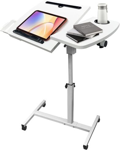 طاولة فوق السرير بعجلات ارتفاع قابل للتعديل، سطح مكتب قابل للإمالة مع صينية، طاولات فوق السرير متدحرجة بجانب السرير، مكتب طبي متنقل، لأريكة غرفة نوم مكتب المستشفى، أبيض in Kuwait