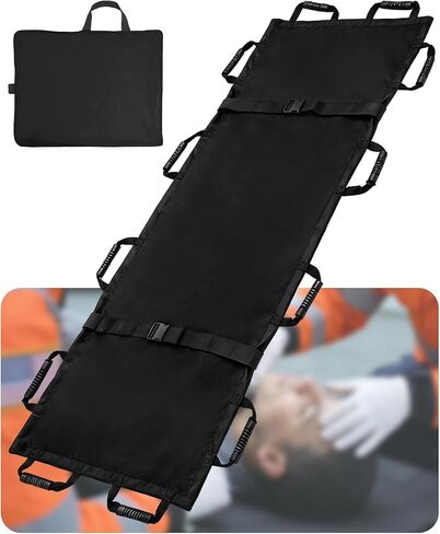 نقالة نقل محمولة مع 12 مقبضًا مطاطيًا وحقيبة حمل - قابلة للطي للمريض في حالات الطوارئ ومحرك للحيوانات للإسعافات الأولية للإنقاذ، سعة 400 رطل، مثالية للمنزل والمستشفيات والاستخدام الخارجي (أسود) in Kuwait