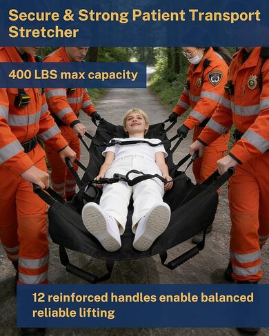 نقالة نقل محمولة مع 12 مقبضًا مطاطيًا وحقيبة حمل - قابلة للطي للمريض في حالات الطوارئ ومحرك للحيوانات للإسعافات الأولية للإنقاذ، سعة 400 رطل، مثالية للمنزل والمستشفيات والاستخدام الخارجي (أسود) in Kuwait