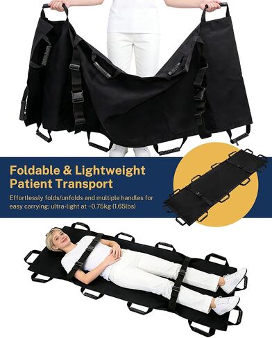 نقالة نقل محمولة مع 12 مقبضًا مطاطيًا وحقيبة حمل - قابلة للطي للمريض في حالات الطوارئ ومحرك للحيوانات للإسعافات الأولية للإنقاذ، سعة 400 رطل، مثالية للمنزل والمستشفيات والاستخدام الخارجي (أسود) in Kuwait