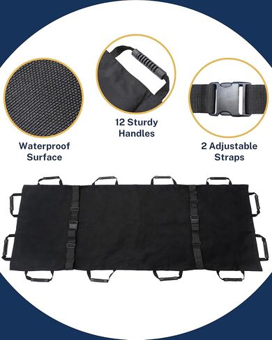 نقالة نقل محمولة مع 12 مقبضًا مطاطيًا وحقيبة حمل - قابلة للطي للمريض في حالات الطوارئ ومحرك للحيوانات للإسعافات الأولية للإنقاذ، سعة 400 رطل، مثالية للمنزل والمستشفيات والاستخدام الخارجي (أسود) in Kuwait