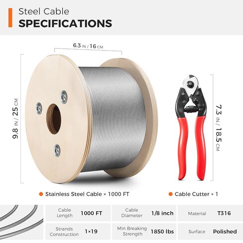 WAYSKA 1/8 "كابل من الفولاذ المقاوم للصدأ بطول 1000 قدم، T316 كابل سلكي من الدرجة البحرية مع قاطع لسور سطح السفينة، وسياج الشرفة، والدرابزينات، وبناء 1 × 19 ضفيرة in Kuwait