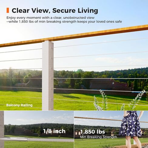 WAYSKA 1/8 "كابل من الفولاذ المقاوم للصدأ بطول 1000 قدم، T316 كابل سلكي من الدرجة البحرية مع قاطع لسور سطح السفينة، وسياج الشرفة، والدرابزينات، وبناء 1 × 19 ضفيرة in Kuwait