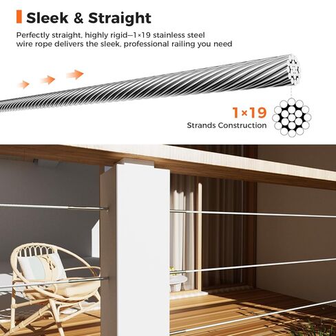 WAYSKA 1/8 "كابل من الفولاذ المقاوم للصدأ بطول 1000 قدم، T316 كابل سلكي من الدرجة البحرية مع قاطع لسور سطح السفينة، وسياج الشرفة، والدرابزينات، وبناء 1 × 19 ضفيرة in Kuwait