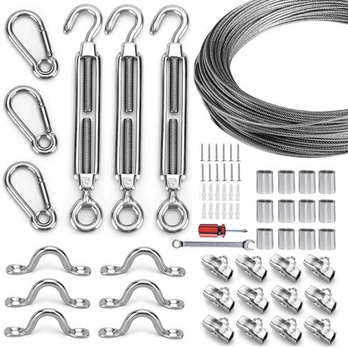 String Light Hanging Suspension Kit,Outdoor Light Guide Wire， Includ 150 FT Vinyl CoatedNylon-Coated Stainless Steel Wire Rope Cable,Turnbuckle and Hooks,Use Manual in Saudi Arabia