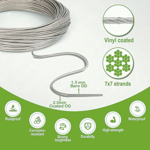 String Light Hanging Suspension Kit,Outdoor Light Guide Wire， Includ 150 FT Vinyl CoatedNylon-Coated Stainless Steel Wire Rope Cable,Turnbuckle and Hooks,Use Manual in Saudi Arabia