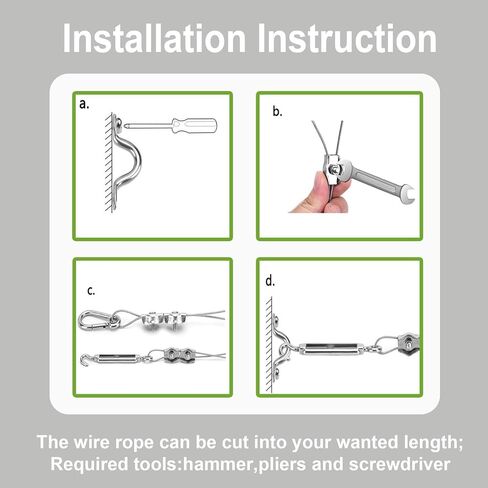 String Light Hanging Suspension Kit,Outdoor Light Guide Wire， Includ 150 FT Vinyl CoatedNylon-Coated Stainless Steel Wire Rope Cable,Turnbuckle and Hooks,Use Manual in Saudi Arabia