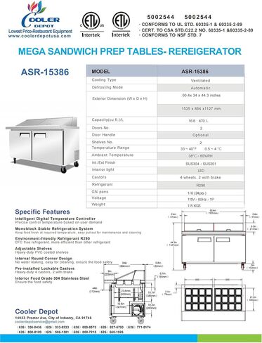 طاولة تحضير الساندويتش المبردة التجارية، بابين، 60 بوصة، ميجا توب NSF بسعة 17 قدم مكعب، سلطة من الفولاذ المقاوم للصدأ ASR-15386 in Kuwait