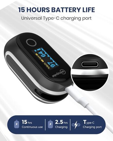 مقياس التأكسج النبضي القابل لإعادة الشحن بطرف الإصبع - جهاز مراقبة تشبع الأكسجين في الدم المستمر، وتتبع SpO2 ومعدل النبض، ومقياس التأكسج النبضي بالإصبع O2، وميزات تقرير التطبيق مع بلوتوث، وصفارة مخصصة in Kuwait