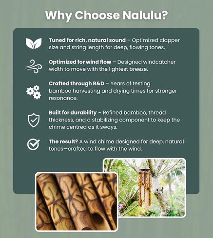 Nalulu ريفي دقات الرياح الخيزران - خارج الهواء الطلق دقات الرياح الخشبية، متوسطة، تصميم الأزهار المحروقة مع تاج جوز الهند، مصنوعة يدويا مع نغمات عميقة مهدئة، ديكور المنزل هدية مثالية له ولها in Saudi Arabia