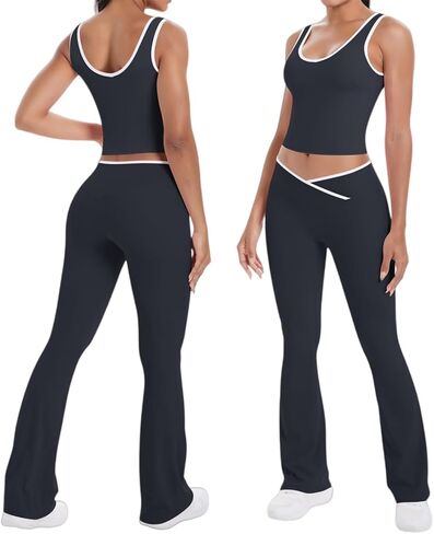المرأة تجريب مجموعات 2 قطعة مطابقة رياضة اليوغا وتتسابق Colorblock كروس مضيئة طماق رياضي قطع علوية بدون أكمام in Saudi Arabia