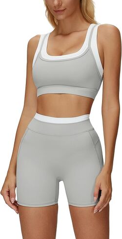 AGYMNX Women's Yoga Outfits Compression Ribbed Contrast Panel Sports Bra and Butt-lifting Shorts 2 Piece Jogger Running Sets in Saudi Arabia