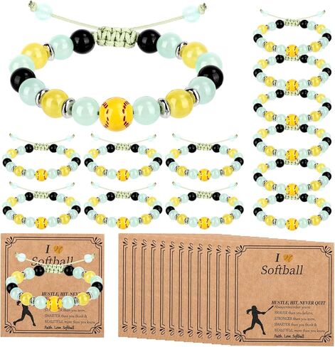12 Sets Softball Bracelets, Sport Adjustable Softball Beads Charm Bracelets with Inspirational Card, Gifts Trendy Stuff Goodie Bag Stuffers, Softball Gifts for Christmas Birthday Festival in Kuwait