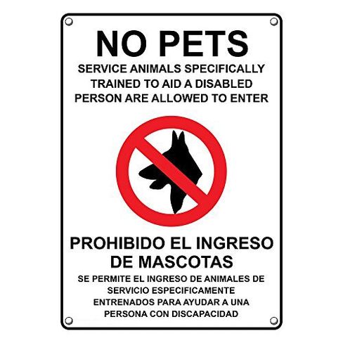 علامة ADA بلاستيكية عمودية مقاومة للطقس، ممنوع خدمة الحيوانات الأليفة، لافتة ثنائية اللغة مع نص ورمز باللغة الإنجليزية والإسبانية in Kuwait