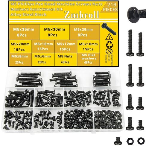 M5 Black Cross Pan Head Machine Screws M5x6/8/10/12/16/20/25/30/35mm Metric Machine Screw Black Fully Thread Electricians Screw Flat Washers and Nuts Hardware Assortment Kit in Saudi Arabia