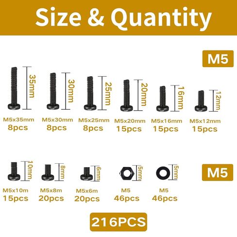 M5 Black Cross Pan Head Machine Screws M5x6/8/10/12/16/20/25/30/35mm Metric Machine Screw Black Fully Thread Electricians Screw Flat Washers and Nuts Hardware Assortment Kit in Saudi Arabia
