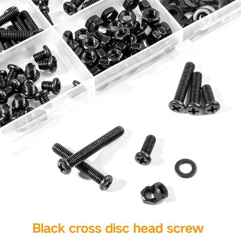 M5 Black Cross Pan Head Machine Screws M5x6/8/10/12/16/20/25/30/35mm Metric Machine Screw Black Fully Thread Electricians Screw Flat Washers and Nuts Hardware Assortment Kit in Saudi Arabia