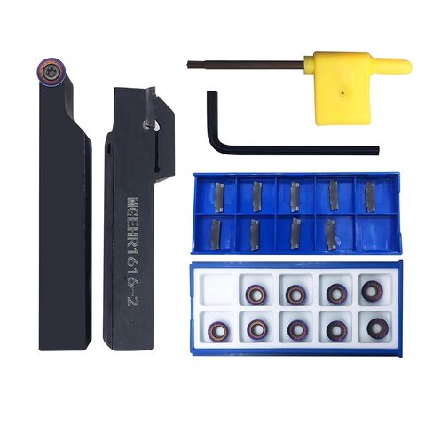 5/8" Turning Tool Holder MGEHR1616-2 Grooving Cut-Off Tool Holder and SRAPR1616H10 Indexable Holder with 10pcs MGMN200 Tin Coated 2mm Grooving Inserts and 10pcs RCMT10T3 R5 Round Replacement Inserts in Kuwait