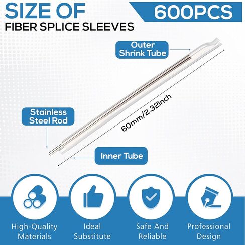 Kingdder 600 Pcs Fiber Optic Fusion Splice Sleeve 2.6mm Dia 60mm Length Heat Shrinkable Protection Tube Optic 304 Stainless Steel PE Clear Bare Optical Fiber Fusion Pipe in Saudi Arabia