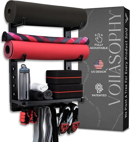 Yoga Mat Holder Wall Mount Home Gym Storage Organizer - Fully Adjustable, All Wood, Crafted Yoga Mat Rack Gym Shelf for Workout Equipment Storage. Unique Yoga Gift for Wall Yoga Storage, Plant a Tree! in Saudi Arabia