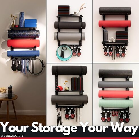 Yoga Mat Holder Wall Mount Home Gym Storage Organizer - Fully Adjustable, All Wood, Crafted Yoga Mat Rack Gym Shelf for Workout Equipment Storage. Unique Yoga Gift for Wall Yoga Storage, Plant a Tree! in Saudi Arabia