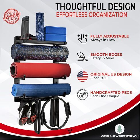 Yoga Mat Holder Wall Mount Home Gym Storage Organizer - Fully Adjustable, All Wood, Crafted Yoga Mat Rack Gym Shelf for Workout Equipment Storage. Unique Yoga Gift for Wall Yoga Storage, Plant a Tree! in Saudi Arabia