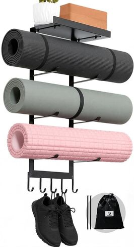 حامل بساط اليوجا النحيف الباندا مع حقيبة شبكية، رف تخزين ملحقات اليوجا، منظم صالة الألعاب الرياضية المنزلية مع رف معدني عائم و5 خطافات لتعليق سجادات اليوجا، وبكرة إسفنجية، وأشرطة مقاومة in Kuwait